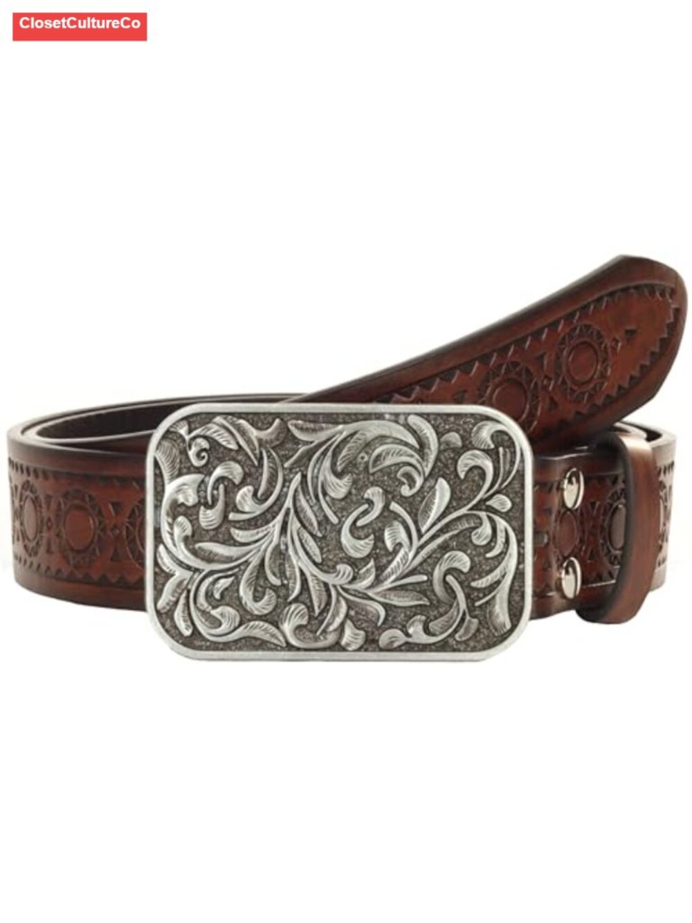 Western Cowboy Faux Leather Belt Turquoise Oval Buckle Embossed